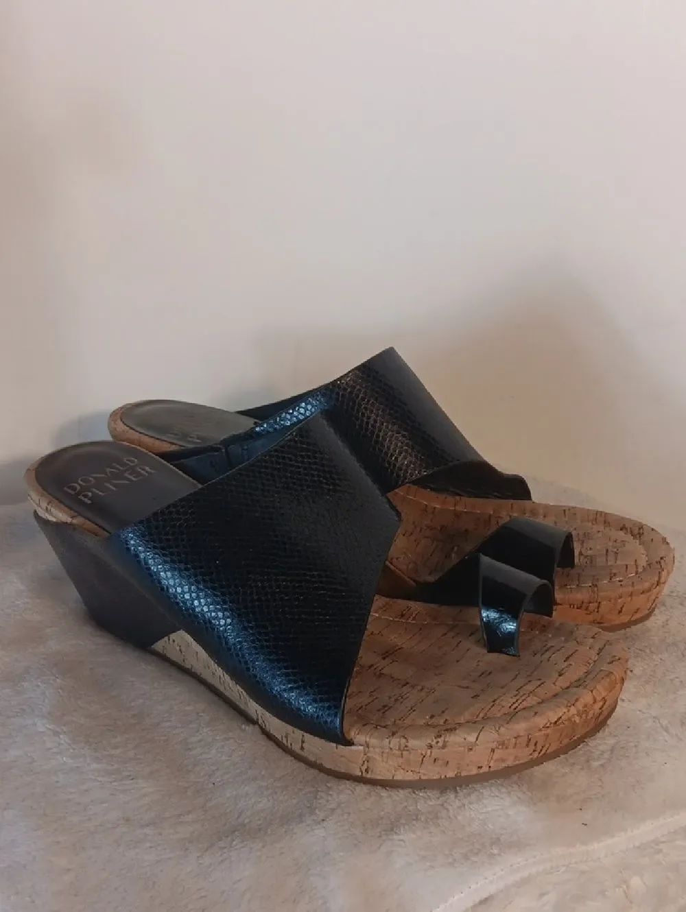 Donald J. Pliner Black Leather Cork Wedge Sandals